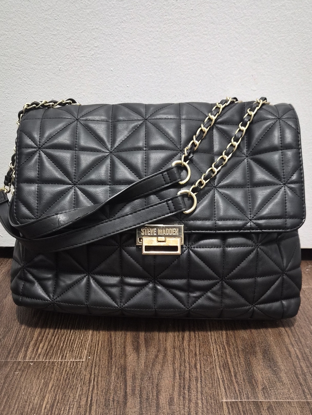 Steve Madden Black Quilted Shoulder Bag with Gold Chain